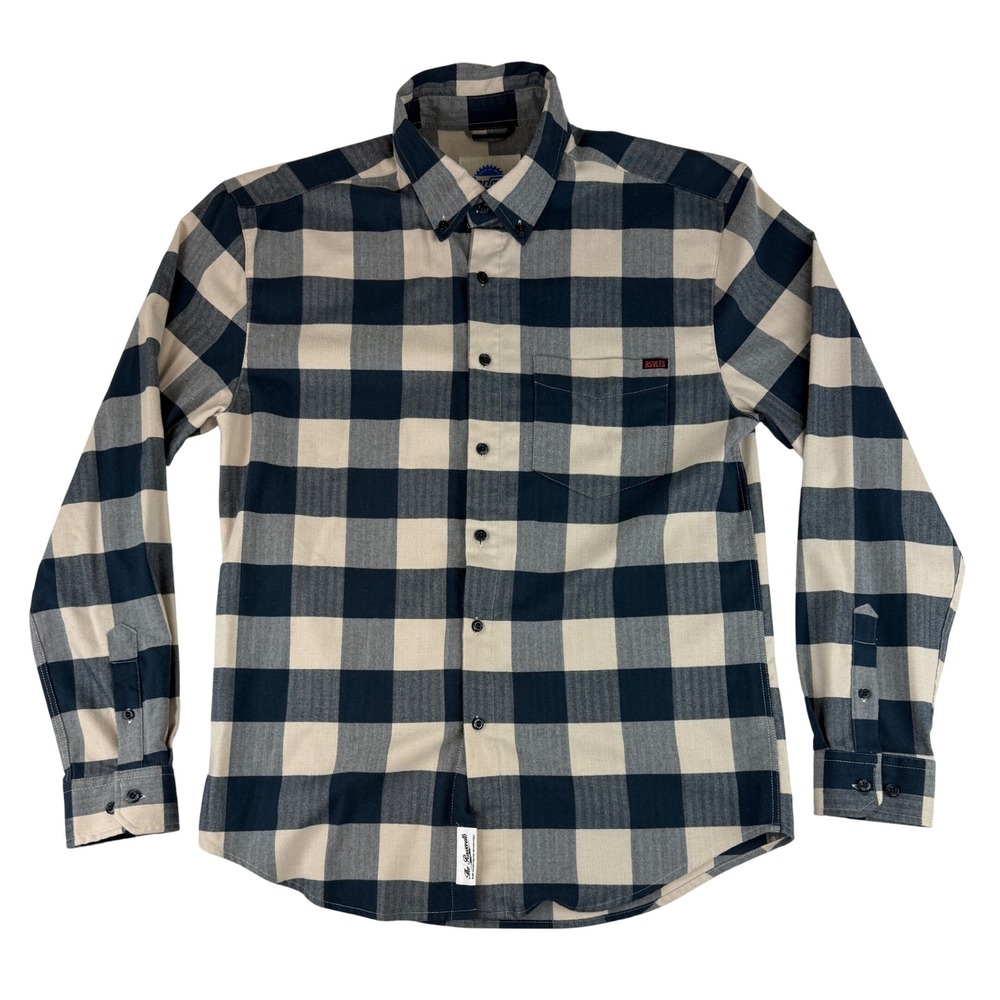 RSVLTS Borland Flex Shirt Mens Large Navy Blue Cream Buffalo Plaid Long Sleeve